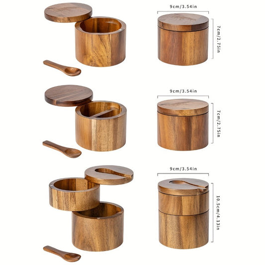 Conjunto de Frascos de Condimentos em Madeira de Acácia | Frasco de Sal, Frasco de Pimenta, Garrafa de Especiarias, Caixa de Armazenamento de Cozinha Selada à Prova de Humidade, Recipiente de Condimentos de Madeira de Alta Qualidade, Uso Duplo para Cozinha e Mesa de Jantar (1 unidade)