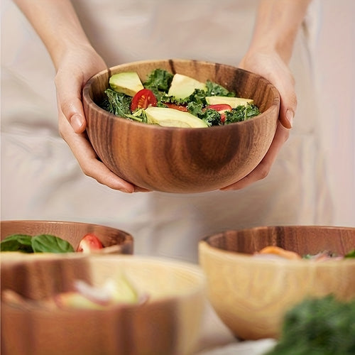 Conjunto de 2 Tigelas Grandes de Madeira de Acácia para Misturar, Tigelas de Salada, Pratos de Servir, Tigelas de Legumes, Tigelas de Cereal, Tigelas de Caldo, Artesanais, Design Listrado, Reutilizáveis, Adequadas para Misturar, Servir Saladas e Macarrão, Ideais para Cozinhas Domésticas e
