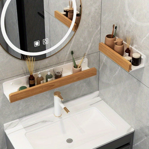 Organizador de Prateleira para Casa de Banho Sem Furos – Sem Necessidade de Furar, Construção Robusta em Madeira Natural, Design que Poupa Espaço, Adequado para Casa de Banho, Cozinha ou Escritório, Ideal para Apartamentos Pequenos e Inquilinos, Estilo Minimalista, Acessório de Casa de Banho