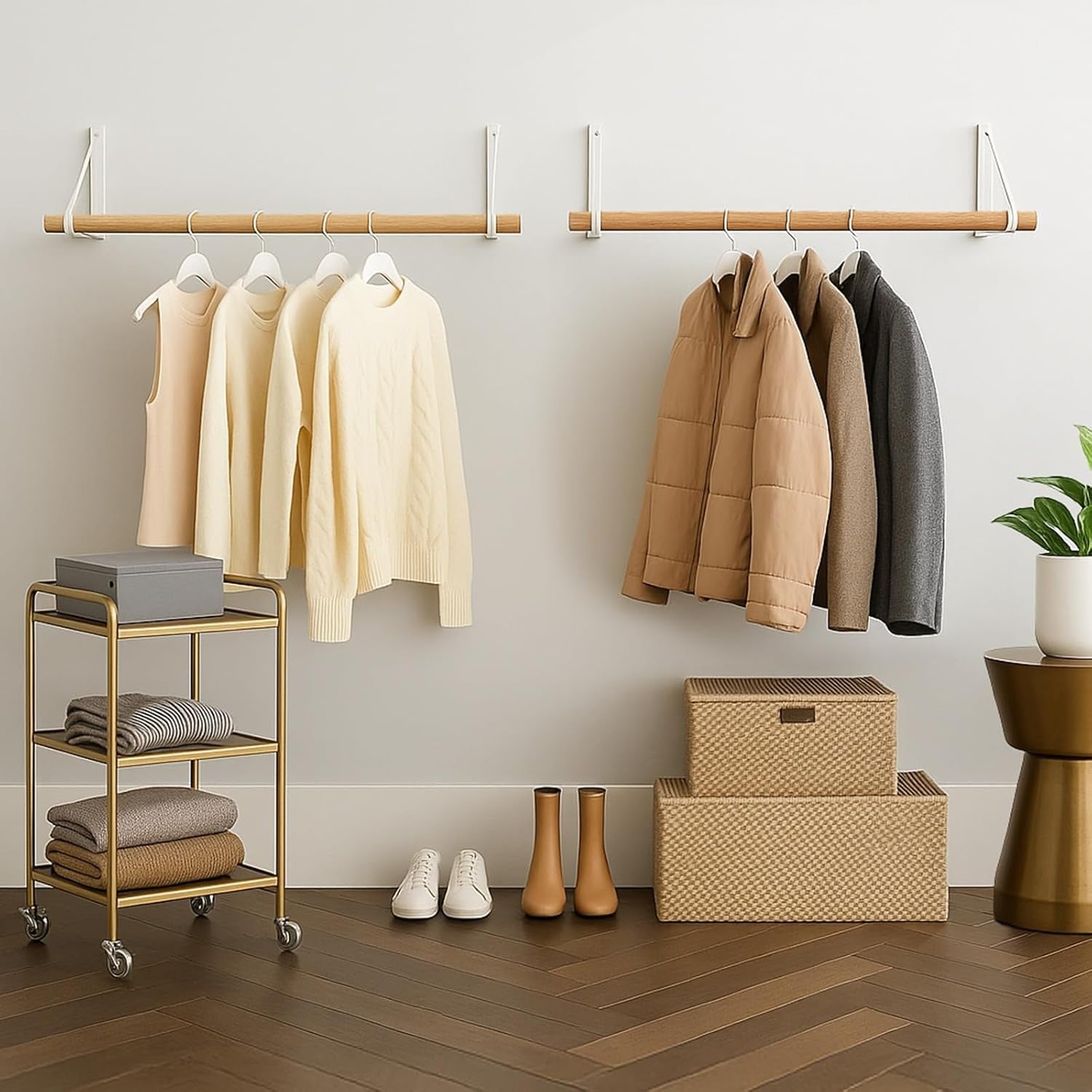 Roda de roupa montada na parede, elegante madeira pendurada com aço para pendurar roupas, cabide de parede para pendurar roupas, barra de roupa, suporte para toalhas, exibição de retalho para corredor, quarto, entrada
