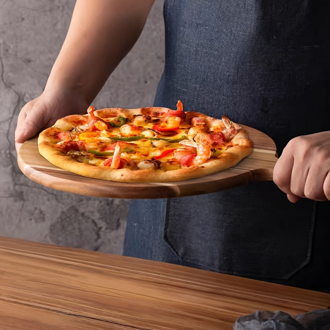 Tábua de Pizza em Madeira de Acácia, Tábua de Corte em Madeira Maciça com Alça, Tábua de Picar, Base para Pizza, Pão, Bife, Tábua Redonda para Assar Bolo, Tábua Plana