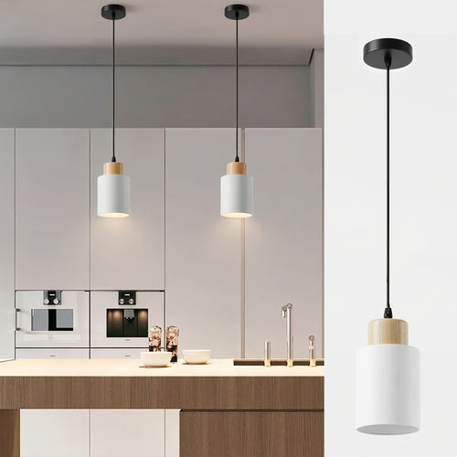 Luminária de Pêndulo Estilo Casa de Campo Moderna, Luminária Preta Fosca, Luminária de Pêndulo Cilíndrica de Metal e Madeira com Veios Vintage, Altura Ajustável, Base E27, Luminária Suspensa Elegante Adequada para Cozinha, Mesa de Jantar, Quarto, Lâmpada Não Inclusa