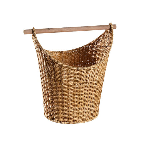 Cesto Porta-Rolhas de Papel Higiénico Retro Estilo Casa de Campo - Organizador de Armazenamento de Plástico Entrançado à Mão com Pega de Madeira para Organização da Casa de Banho - Capacidade para 5 Rolos, Cestos de Prateleira