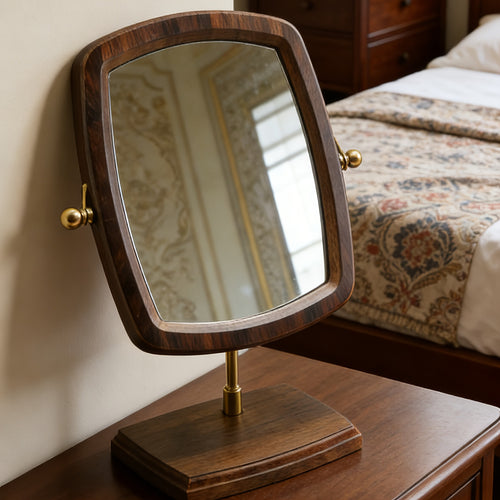 Espelho de Mesa Portátil em Nogueira para Casa e Viagem - Moldura de Madeira com Acabamento Polido, Estilo Vintage/Coreano, Espelho de Toucador Compacto para Cômoda ou Escrivaninha, Luxo Leve