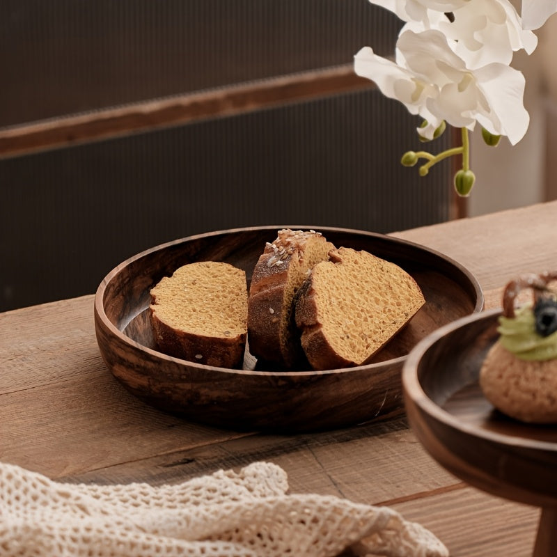 1 unidade de tigela alta de madeira de noz feita à mão, padrão listrado redondo, multifuncional para salada, fruta, pão, sobremesa, armazenamento de joias, decoração nova para casa e restaurante