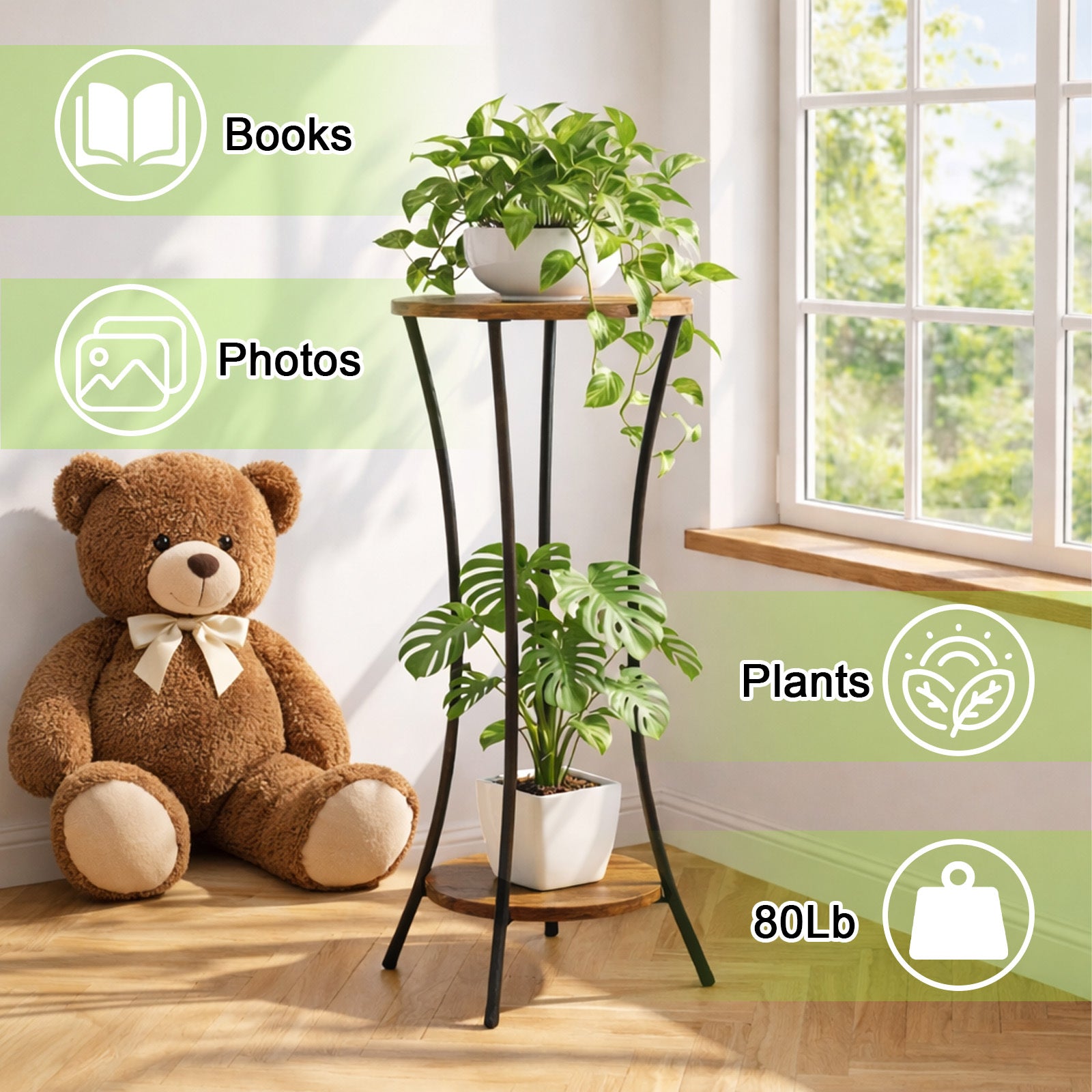 Suporte de Planta de Madeira Redondo Alto de 2 Níveis para Interior, 1 Peça, Altura de 76CM, Mesa Lateral com Estrutura de Metal Dourado, Prateleira Redonda Moderna para Vasos de Flores para Sala de Estar, Pátio, Varanda, Jardim, Marrom Rústico