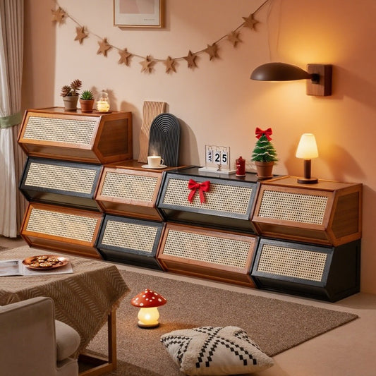 Armário de Armazenamento Clássico Vintage de Bambu Atualizado 2026, Caixa de Armazenamento Empilhável de Grande Capacidade com Porta de Ventilação em Malha, Vários Tamanhos Disponíveis, Ideal para Sala de Estar, Quarto, Escritório e Organização Doméstica, Aumenta a Felicidade, Adequado para Diversos