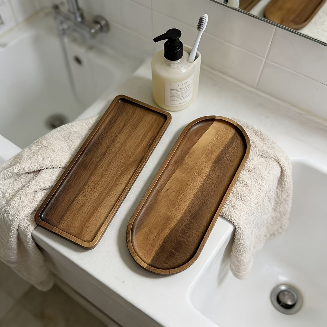 Bandeja de Banheiro, Prato de Armazenamento Retangular/Elíptico, Acessórios de Armazenamento e Organização para Banheiro, Bandeja de Banheiro de Madeira, Porta-Vela/Prato de Decoração para Casa de Aromaterapia, Itens Essenciais para Banheiro, Bandejas de Banheiro