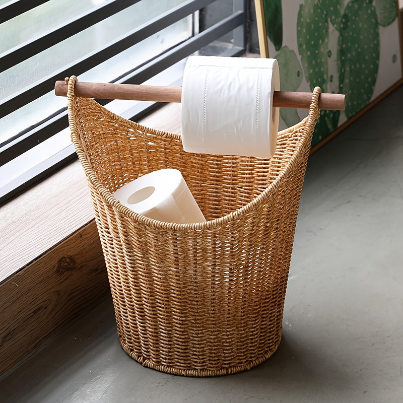Cesto Porta-Rolhas de Papel Higiénico Retro Estilo Casa de Campo - Organizador de Armazenamento de Plástico Entrançado à Mão com Pega de Madeira para Organização da Casa de Banho - Capacidade para 5 Rolos, Cestos de Prateleira