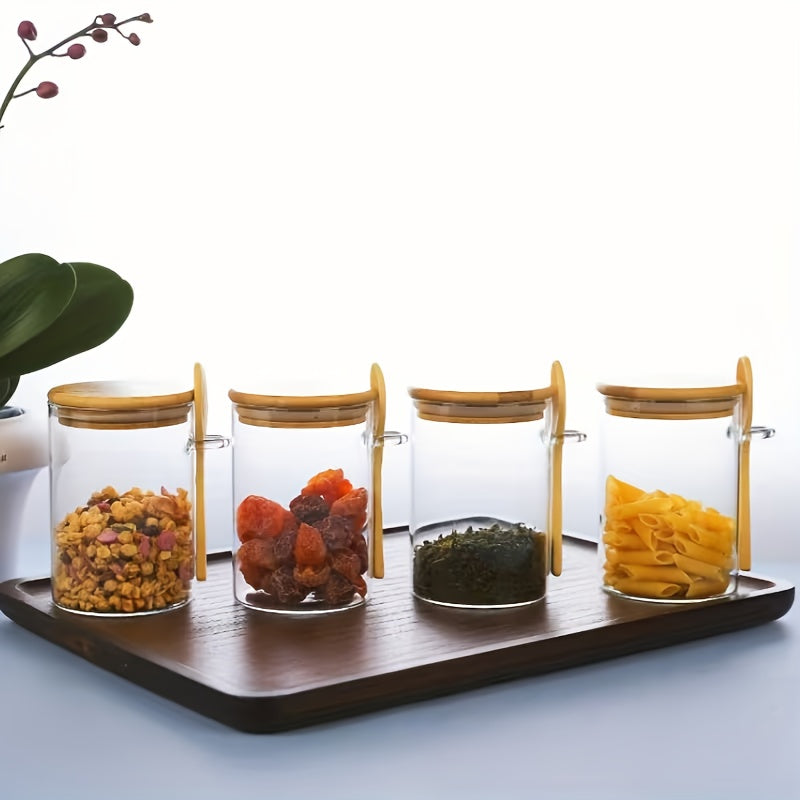 Conjunto de Armazenamento de 12 Peças, Inclui 4 Potes de Armazenamento + 4 Tampas de Pote + 4 Colheres, com Tampas de Madeira de Bambu e Colheres de Madeira de Bambu – Potes com Vedação Articulada, Adequados para Grãos de Café, Grãos, Produtos Secos, uma Escolha Ideal para Organização de Despensa e