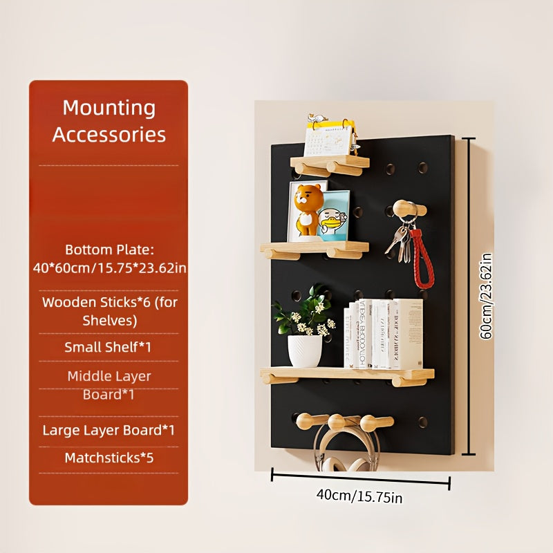Kit de Organização de Parede com Painel de Ganchos em Madeira Engenhada Multifuncional | Painel de Armazenamento Versátil Montado na Parede com Ganchos e Acessórios, Solução Criativa de Poupança de Espaço para Casa, Escritório e Organização de Cozinha, Acabamento em Madeira Polida, Prateleiras Utilitárias