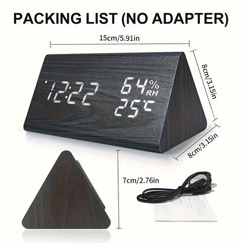 Despertador Digital Triangular de LED, Despertador Multifuncional de Madeira que Exibe Hora, Temperatura e Umidade. Possui Controle por Voz e Brilho Ajustável. Despertador de Mesa, Adequado para Decoração de Escritório, Sala de Aula, Quarto e Sala de Estar. Ideal como Presente para Estudante ou