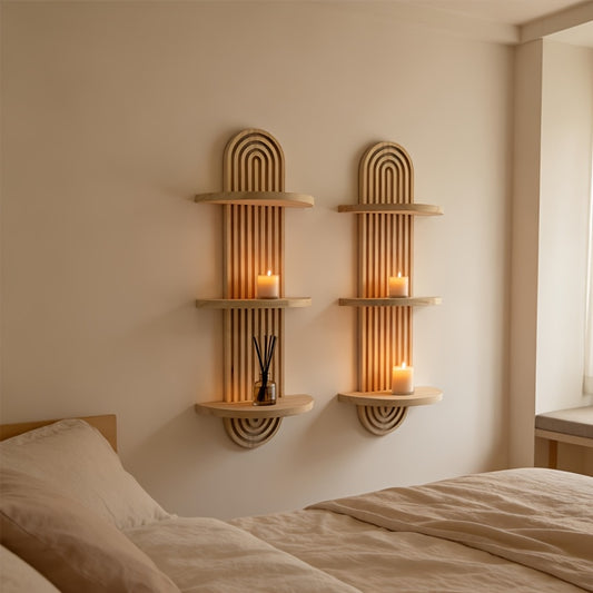 Prateleira de Parede de Madeira Maciça Estilo Boêmio - Unidade de Prateleira de Madeira Multinível com Veios de Madeira, Armazenamento em Camadas Adequado para Sala de Estar, Quarto, Entrada - Decoração Moderna que Economiza Espaço para Livros, Plantas, Decoração