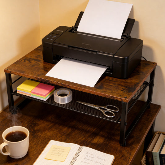 Suporte Multifuncional para Impressora de Mesa, Prateleira de Armazenamento para Mesa, Organizador de Mesa de Escritório, Painel de Madeira Marrom Vintage + Estrutura de Metal Durável, Economiza Espaço, Fácil de Instalar, 36,9 x 26 x 14 cm