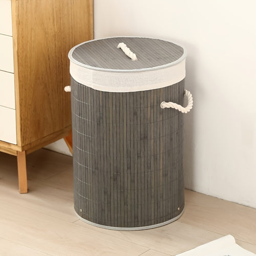 1pç Cesto de Roupa Suja Dobrável de Bambu, Cesto de Armazenamento Redondo Grande com Tampa e Alça, Cesto de Roupas Multifuncional, Lixeira de Banheiro para Armazenamento de Roupas, Roupas de Cama e Artigos Diversos, Cestos de Lavanderia