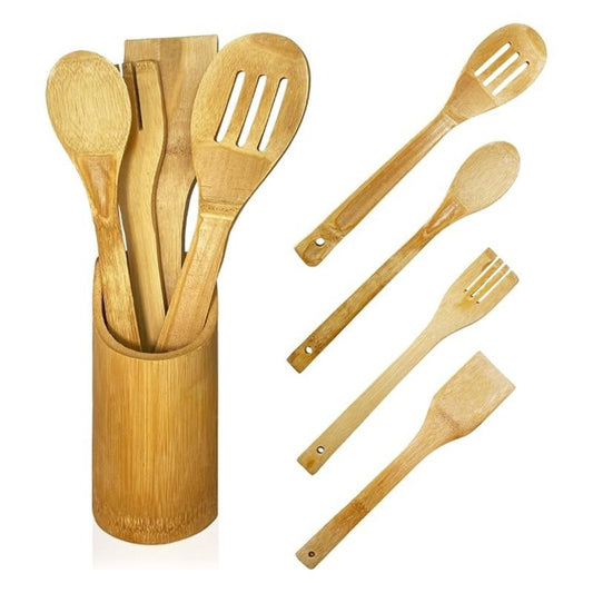 Conjunto de 5 Peças de Utensílios de Cozinha em Madeira | Colheres e Espátulas de Cozinha em Bambu Natural | Utensílios de Cozinha Antiaderentes | Presente Perfeito para Cozinheiros Caseiros