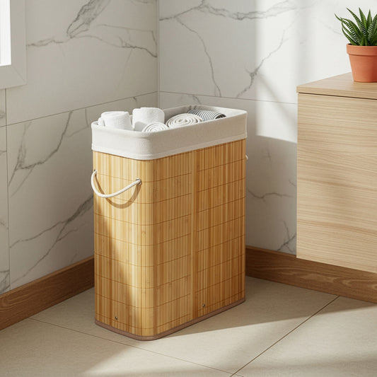 Barrote de Arrumação de Bambu de 40L com Cortina Enrolável, Cestos de Roupa Ideal para Lavandaria, Quarto e Uso de Canto, Organizador de Armário, Arrumação de Quarto