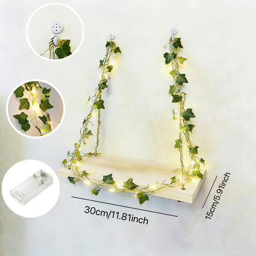 Prateleira Flutuante com Fita LED, Prateleira Flutuante com Fita LED, Prateleira de Parede, Prateleira de Exibição de Madeira com Cordão de Luz de Videira Falsa, Prateleira de Armazenamento Montada na Parede, Painel de Exibição de Luz Ambiente Decorativa para Quarto, Hall de Entrada, Sala de Estar (Tamanho da Placa de Madeira 29.97X14.99cm Thi