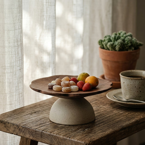 Mini Tigela de Frutas Alta de Caule Longo em Formato de Pétala Estilo Wabi-Sabi Japonês, Madeira de Acácia + Grés, Bandeja de Lanches de Nozes para Chá da Tarde na Mesa de Centro da Sala de Estar, Bandeja Decorativa Vintage, Prato de Armazenamento de Joias. Adequada para Recepção de Salão de Chá