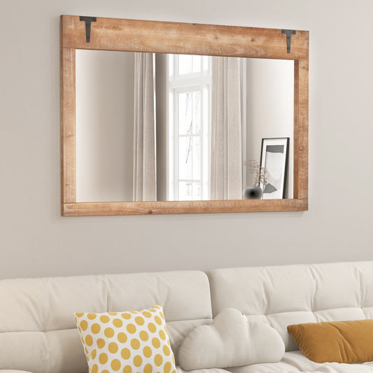 Espelho de Parede Estilo Fazenda GOFLAME, 100 cm x 70 cm Espelho de Porta de Celeiro Rústico com Moldura de Madeira, Espelho Decorativo Retangular para Banheiro, Sala de Estar, Quarto, Montagem Vertical ou Horizontal