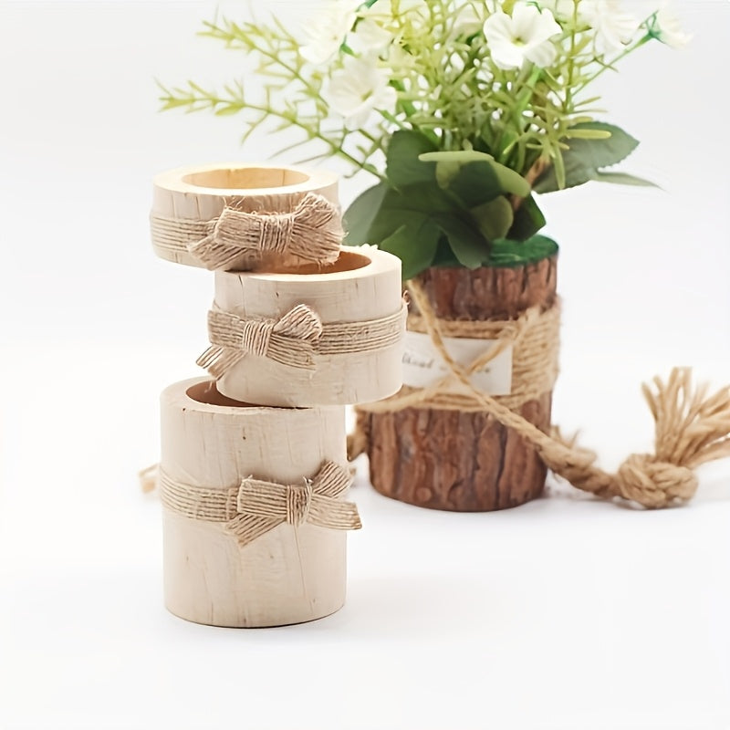 Conjunto de Artesanato em Madeira de 3 peças, 3 peças de Diferentes Tamanhos com Decorações de Laço, Castiçais ou Floreiras Multifuncionais, Estético e Prático, Adequado para Decoração de Casa, Restaurante e Café
