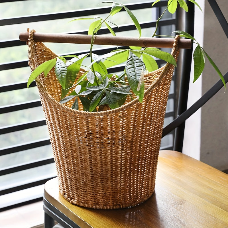 Cesto Porta-Rolhas de Papel Higiénico Retro Estilo Casa de Campo - Organizador de Armazenamento de Plástico Entrançado à Mão com Pega de Madeira para Organização da Casa de Banho - Capacidade para 5 Rolos, Cestos de Prateleira