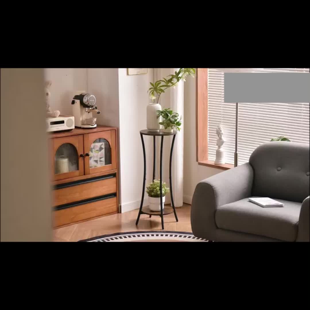 Suporte de Planta de Madeira Redondo Alto de 2 Níveis para Interior, 1 Peça, Altura de 76CM, Mesa Lateral com Estrutura de Metal Dourado, Prateleira Redonda Moderna para Vasos de Flores para Sala de Estar, Pátio, Varanda, Jardim, Marrom Rústico