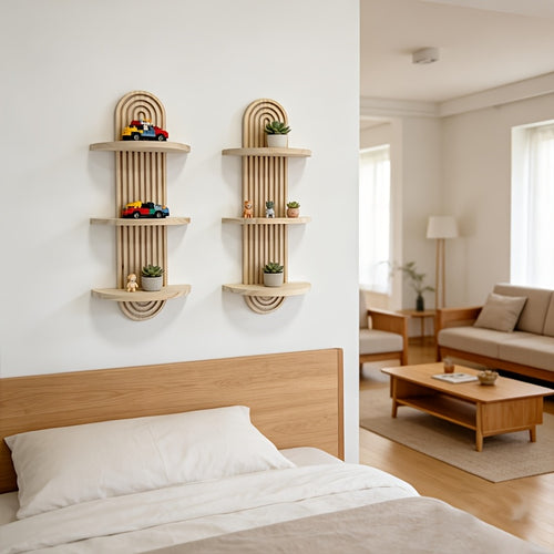 Prateleira de Parede de Madeira Maciça Estilo Boêmio - Unidade de Prateleira de Madeira Multinível com Veios de Madeira, Armazenamento em Camadas Adequado para Sala de Estar, Quarto, Entrada - Decoração Moderna que Economiza Espaço para Livros, Plantas, Decoração