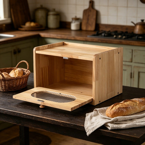 Caixa de Pão Retangular de Madeira com Tampa, Recipiente de Armazenamento para Pastelaria, Fruta e Pão, Acessório de Organização para Bancada de Cozinha