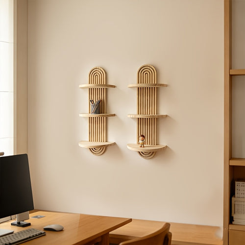Prateleira de Parede de Madeira Maciça Estilo Boêmio - Unidade de Prateleira de Madeira Multinível com Veios de Madeira, Armazenamento em Camadas Adequado para Sala de Estar, Quarto, Entrada - Decoração Moderna que Economiza Espaço para Livros, Plantas, Decoração