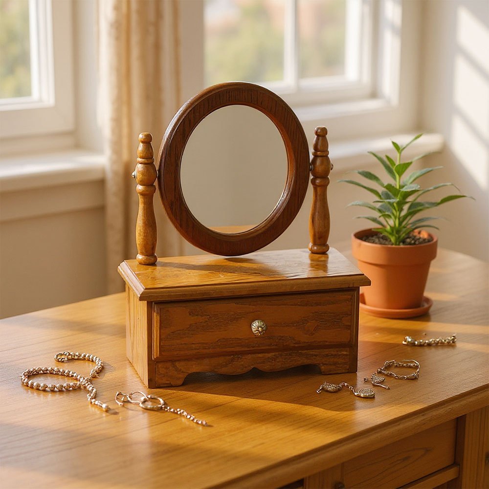 Espelho de Toucador de Madeira com Gavetas, Espelho de Maquiagem Vintage para Quarto, Caixa de Joias Multifuncional com Armazenamento, Caixa de Joias Ajustável para Mesa ou Piso, Ideal para Toucador de Quarto e Decoração de Casa