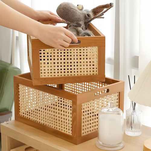 Cesto de Armazenamento de Madeira Vintage Multiuso para Mesa - Organizador de Prateleira para Mesa, Cesto Decorativo de Rattan Artesanal com Estrutura de Madeira para Material de Escritório, Cosméticos e Armazenamento de Quarto e Banheiro (Grande/Pequeno)
