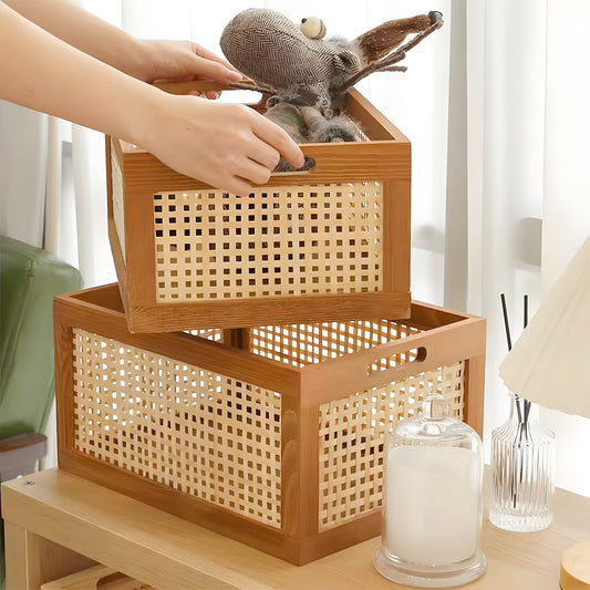 Cesto de Armazenamento de Madeira Vintage Multiuso para Mesa - Organizador de Prateleira para Mesa, Cesto Decorativo de Rattan Artesanal com Estrutura de Madeira para Material de Escritório, Cosméticos e Armazenamento de Quarto e Banheiro (Grande/Pequeno)