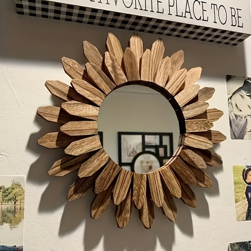 Espelho de Maquiagem Montado na Parede com Girassol Chique - Moldura Redonda de Madeira, Leve & Não Precisa de Energia - Perfeito para Decoração de Casa