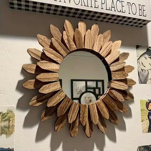 Espelho de Maquiagem Montado na Parede com Girassol Chique - Moldura Redonda de Madeira, Leve & Não Precisa de Energia - Perfeito para Decoração de Casa