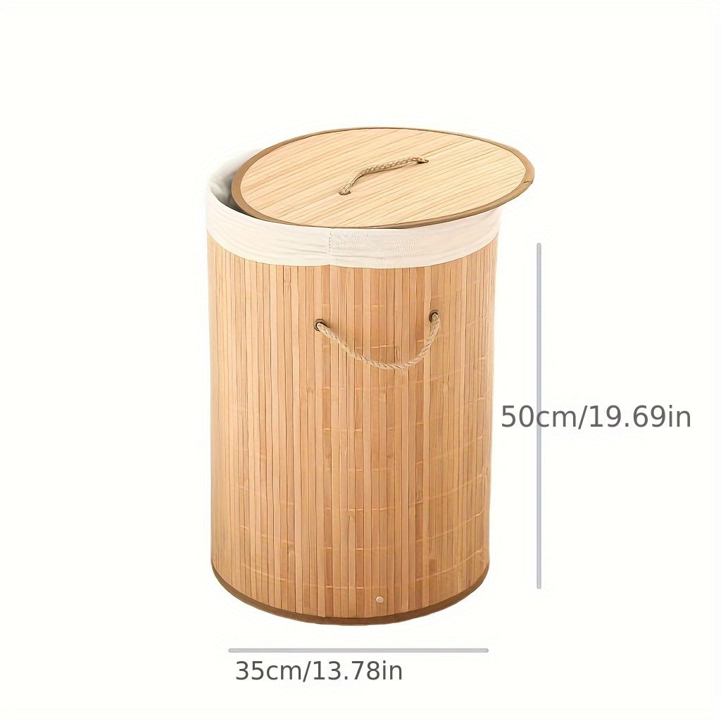 1pç Cesto de Roupa Suja Dobrável de Bambu, Cesto de Armazenamento Redondo Grande com Tampa e Alça, Cesto de Roupas Multifuncional, Lixeira de Banheiro para Armazenamento de Roupas, Roupas de Cama e Artigos Diversos, Cestos de Lavanderia