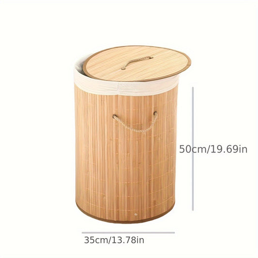 1pç Cesto de Roupa Suja Dobrável de Bambu, Cesto de Armazenamento Redondo Grande com Tampa e Alça, Cesto de Roupas Multifuncional, Lixeira de Banheiro para Armazenamento de Roupas, Roupas de Cama e Artigos Diversos, Cestos de Lavanderia