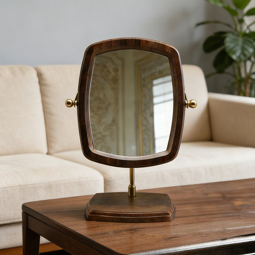 Espelho de Mesa Portátil em Nogueira para Casa e Viagem - Moldura de Madeira com Acabamento Polido, Estilo Vintage/Coreano, Espelho de Toucador Compacto para Cômoda ou Escrivaninha, Luxo Leve