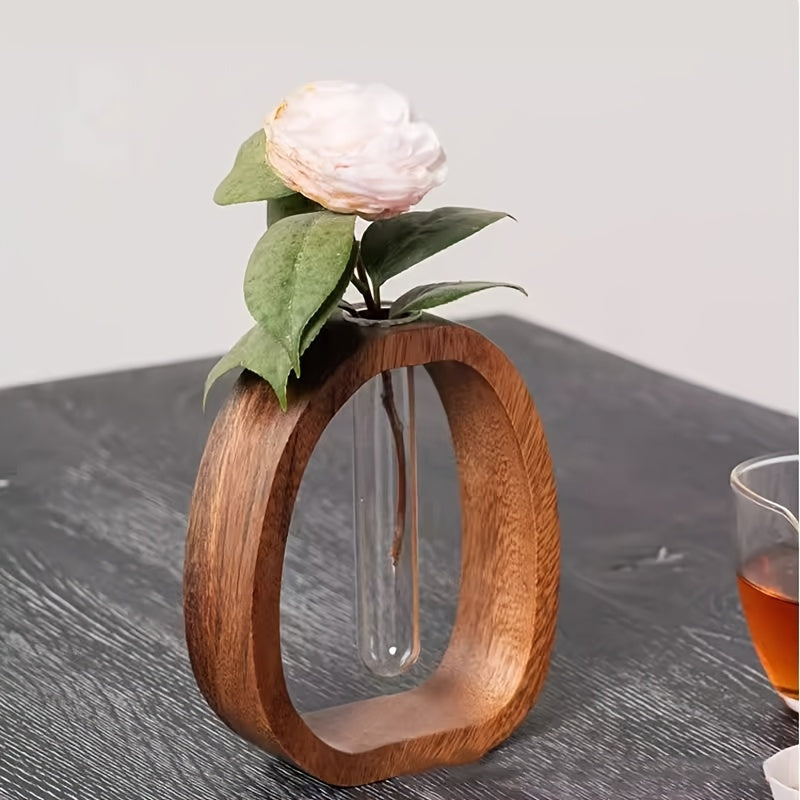 1 Peça Vaso de Flores Aquáticas em Madeira de Nogueira com Vidro Transparente - Vaso Cilíndrico para Flores Frescas, Plantas Aquáticas - Centro de Mesa para Casa ou Escritório, Vaso de Vidro Rústico Moderno para Flores Cultivadas na Água