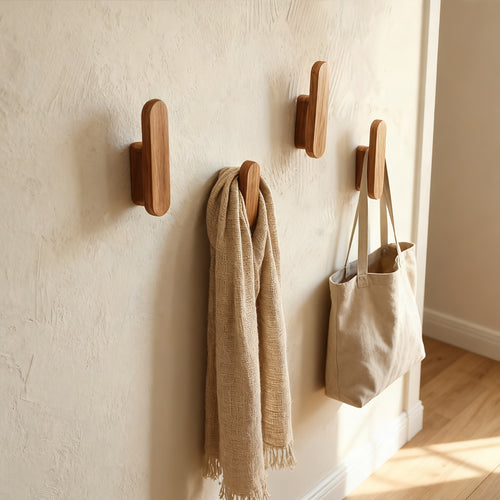 3 unidades de suporte de parede multi-gancho em madeira maciça｜Suporte de entrada com capacidade de carga elevada, cabide para hall de entrada, suporte de armazenamento para porta de quarto de casa de banho, design minimalista que economiza espaço, instalação fácil sem furos