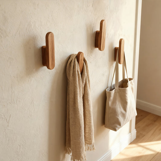 3 unidades de suporte de parede multi-gancho em madeira maciça｜Suporte de entrada com capacidade de carga elevada, cabide para hall de entrada, suporte de armazenamento para porta de quarto de casa de banho, design minimalista que economiza espaço, instalação fácil sem furos
