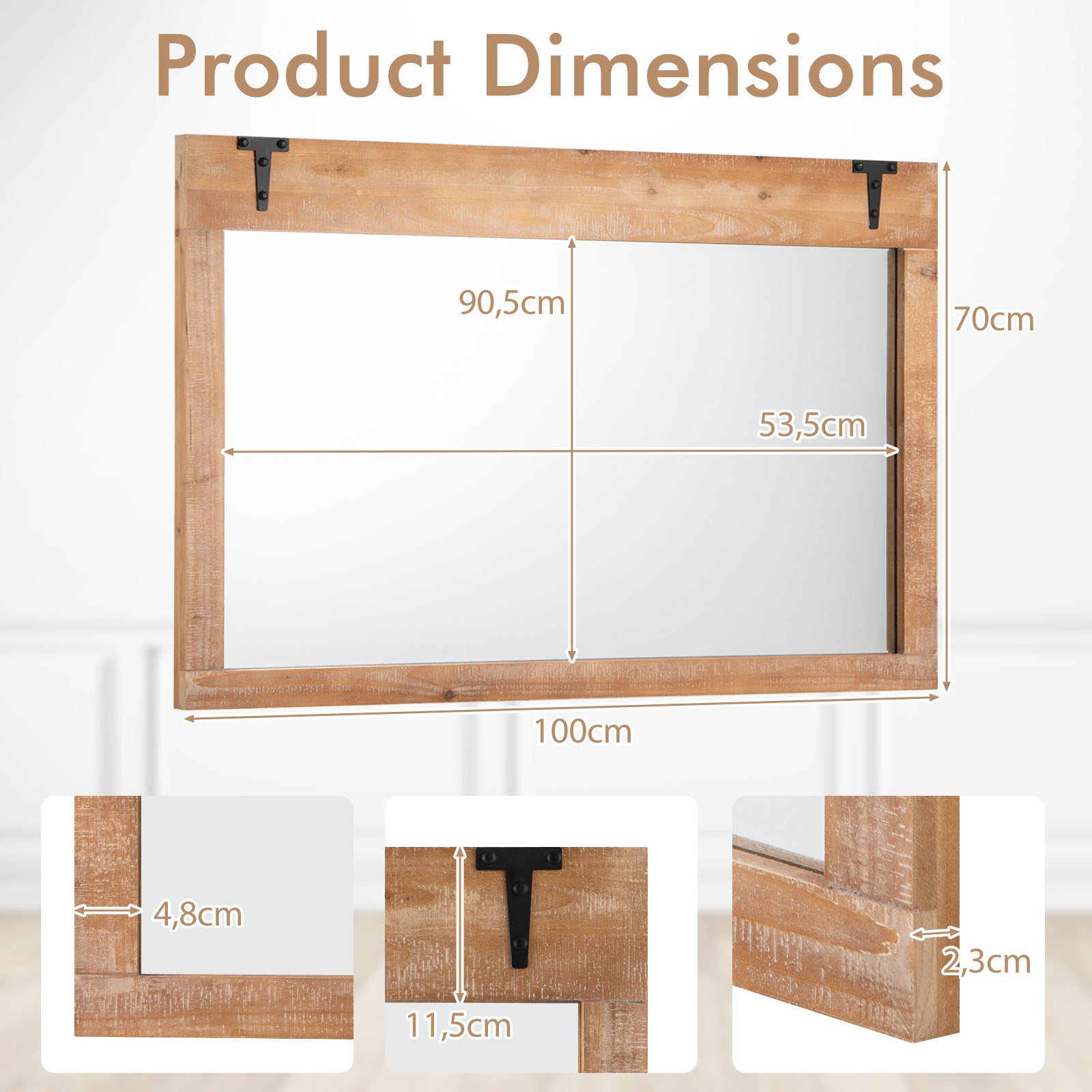 Espelho de Parede Estilo Fazenda GOFLAME, 100 cm x 70 cm Espelho de Porta de Celeiro Rústico com Moldura de Madeira, Espelho Decorativo Retangular para Banheiro, Sala de Estar, Quarto, Montagem Vertical ou Horizontal