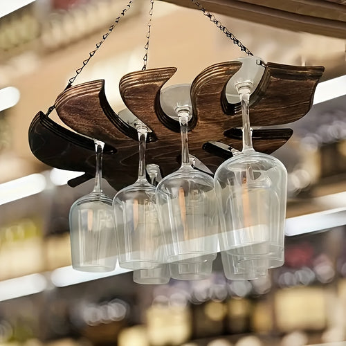 Suporte de Parede para Taças de Vinho em Formato de Folha de Ginkgo - Design Elegante e Economizador de Espaço com Corrente de Metal, Segura 6 Taças, Estilo Rústico Moderno para Decoração de Cozinha e Sala de Jantar, Armazenamento para Bar em Casa, Padrão de Folha de Ginkgo, Construção em Madeira e
