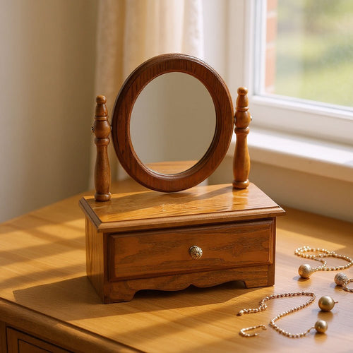 Espelho de Toucador de Madeira com Gavetas, Espelho de Maquiagem Vintage para Quarto, Caixa de Joias Multifuncional com Armazenamento, Caixa de Joias Ajustável para Mesa ou Piso, Ideal para Toucador de Quarto e Decoração de Casa