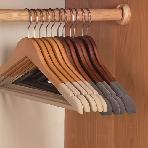 Conjunto de 5 Cabides de Madeira Revestidos com Veludo para Armário, Antiderrapantes, Sem Rastros, Suporte para Roupas Domésticas, Cabides de Madeira Vintage.