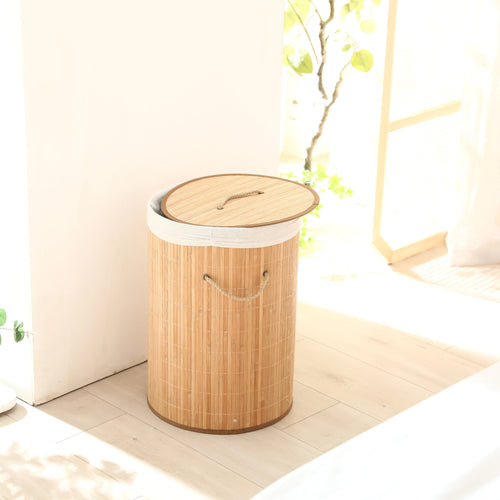 1pç Cesto de Roupa Suja Dobrável de Bambu, Cesto de Armazenamento Redondo Grande com Tampa e Alça, Cesto de Roupas Multifuncional, Lixeira de Banheiro para Armazenamento de Roupas, Roupas de Cama e Artigos Diversos, Cestos de Lavanderia