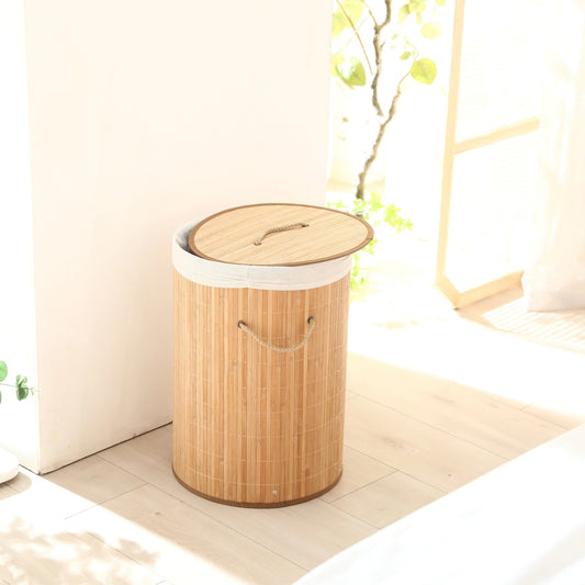 1pç Cesto de Roupa Suja Dobrável de Bambu, Cesto de Armazenamento Redondo Grande com Tampa e Alça, Cesto de Roupas Multifuncional, Lixeira de Banheiro para Armazenamento de Roupas, Roupas de Cama e Artigos Diversos, Cestos de Lavanderia