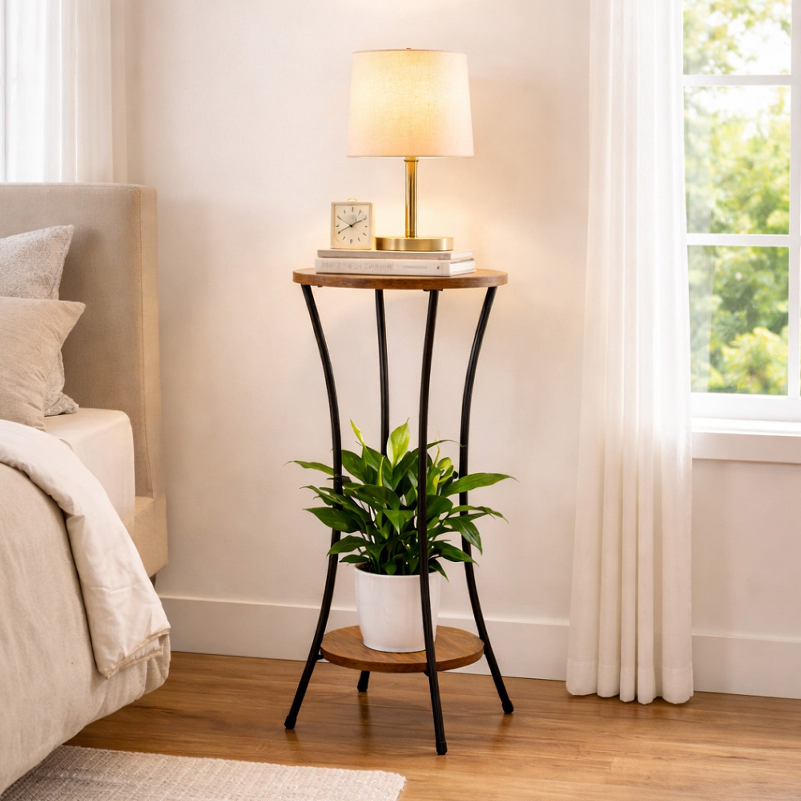 Suporte de Planta de Madeira Redondo Alto de 2 Níveis para Interior, 1 Peça, Altura de 76CM, Mesa Lateral com Estrutura de Metal Dourado, Prateleira Redonda Moderna para Vasos de Flores para Sala de Estar, Pátio, Varanda, Jardim, Marrom Rústico