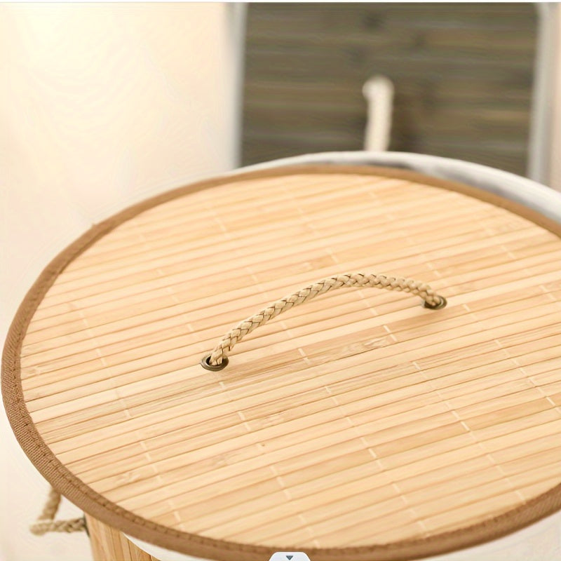 1pç Cesto de Roupa Suja Dobrável de Bambu, Cesto de Armazenamento Redondo Grande com Tampa e Alça, Cesto de Roupas Multifuncional, Lixeira de Banheiro para Armazenamento de Roupas, Roupas de Cama e Artigos Diversos, Cestos de Lavanderia