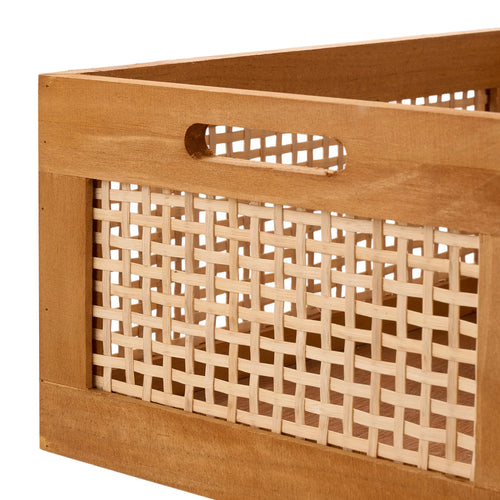Cesto de Armazenamento de Madeira Vintage Multiuso para Mesa - Organizador de Prateleira para Mesa, Cesto Decorativo de Rattan Artesanal com Estrutura de Madeira para Material de Escritório, Cosméticos e Armazenamento de Quarto e Banheiro (Grande/Pequeno)